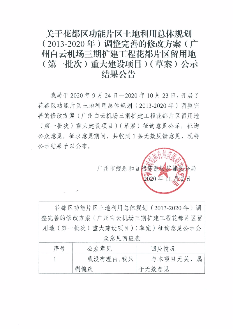 关于永利澳门功能片区土地利用总体规划（2013年-2020年）调整完善的修改方案（广州白云机场三期扩建工程永利片区留用地（第一批次）重大建设项目（草案）公示结果公告.jpg